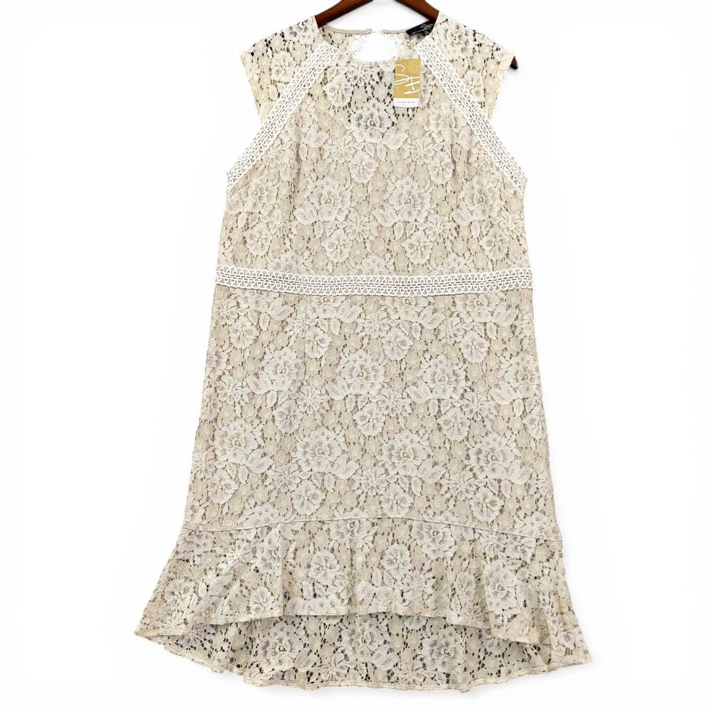 Suzanne Betro Cream Lace Dress Women L Boho Floral Lace Shift Ruffle Hem NWT